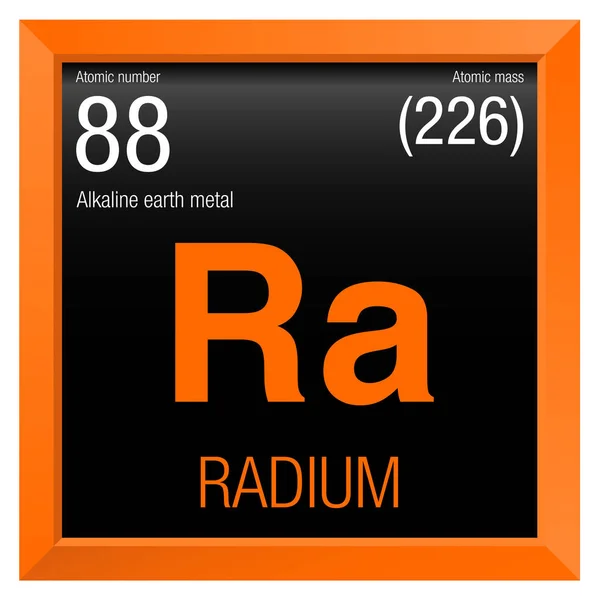Radium-symbool. Element nummer 88 van het periodiek systeem van de elementen - chemie - oranje vierkante frame met zwarte achtergrond — Stockvector