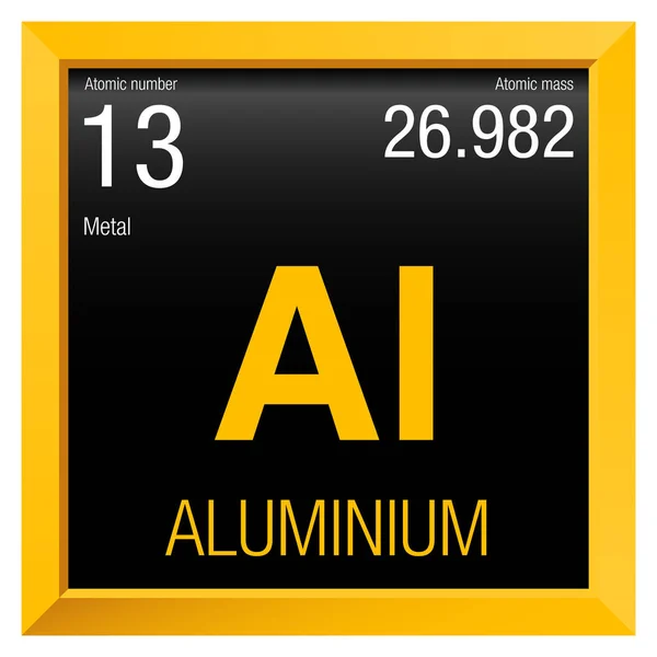 Simbol Aluminium. Unsur nomor 13 Tabel Periodik Elemen Kimia - Bingkai persegi kuning dengan latar belakang hitam - Stok Vektor