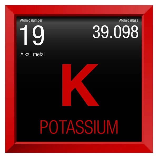 Simbolo del potassio. Elemento numero 19 della Tavola periodica degli elementi - Chimica - Quadro rosso con sfondo nero — Vettoriale Stock