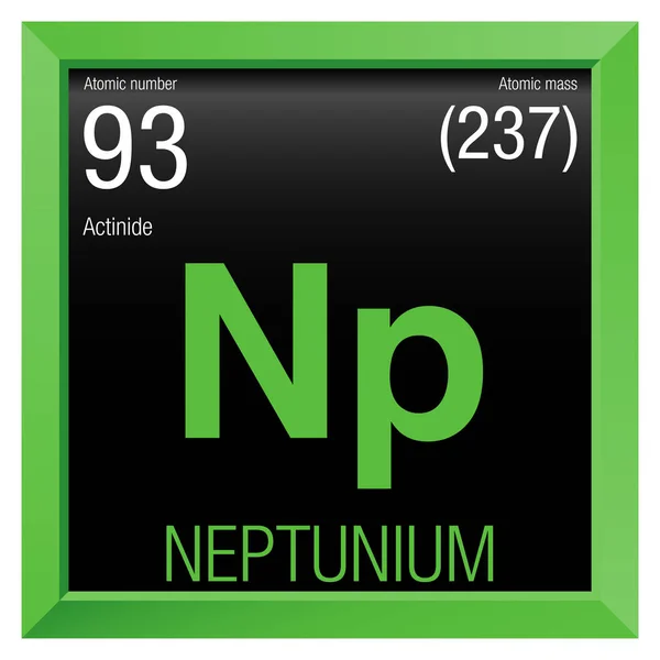 Neptunium symbol. Elementnummer 93 i det periodiska systemet av element - kemi - grön fyrkantig ram med svart bakgrund — Stock vektor