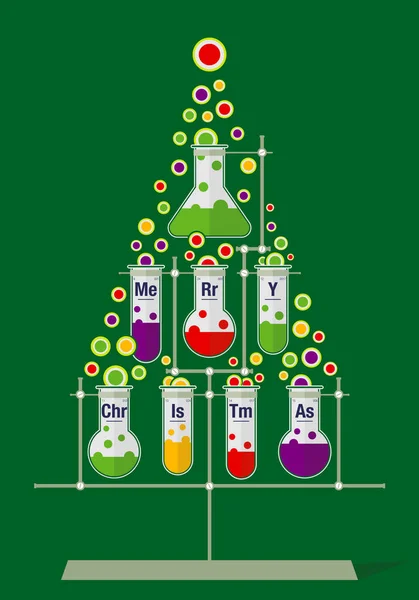 Árbol de Navidad hecho de tubos de ensayo y burbujas sobre fondo verde oscuro - Iconos de química — Vector de stock