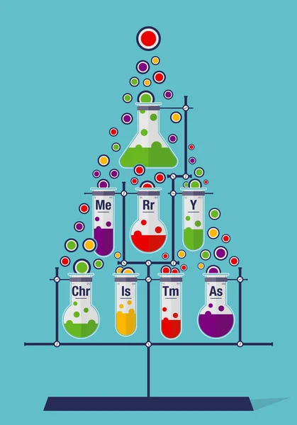 Árbol de Navidad hecho de tubos de ensayo y burbujas sobre fondo cian - Iconos de química — Vector de stock