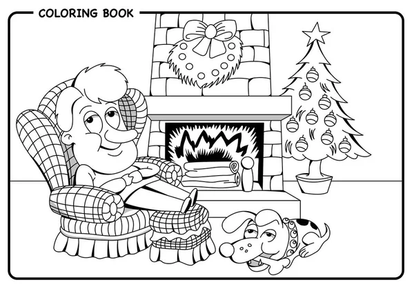 Az ember pihen a nappaliban a karácsonyfa és az égő tűzhely mellett a kutyájával,-színezés felhívni. Vektor kép — Stock Vector