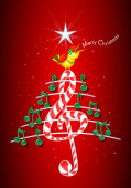 Vánoční stromeček z zelené noty, tyčinku ve tvaru houslový klíč a pentagram s žlutým ptačí zpěv a titul: Veselé Vánoce na červeném pozadí s hvězdami - vektorový obrázek