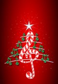 Vánoční strom vyrobený z zelené noty, houslový klíč candy bar ve tvaru a pentagram na červeném pozadí s hvězdami - vektorový obrázek