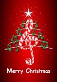 Vánoční strom vyrobený z zelené noty, houslový klíč candy bar ve tvaru a pentagram s názvem: Veselé Vánoce na červeném pozadí s hvězdami - vektorový obrázek