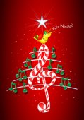 Vánoční stromeček z zelené noty, tyčinku ve tvaru houslový klíč a pentagram s žlutým ptačí zpěv a titul: Feliz Navidad - Veselé Vánoce ve španělském jazyce-na červeném pozadí s hvězdami - vektorový obrázek