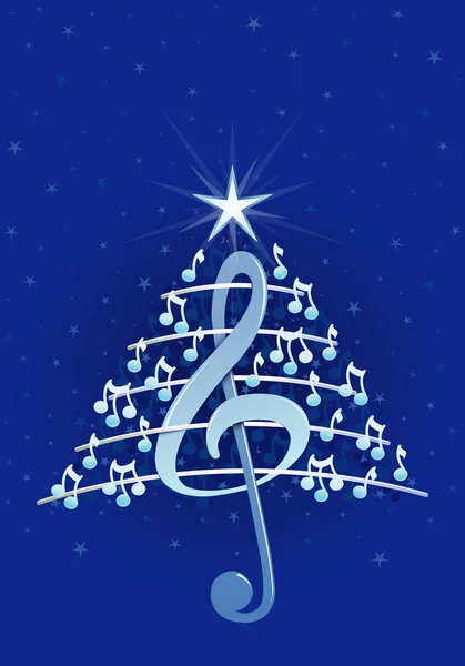 Рождественская елка из белых нот, скрипичного ключа и пентаграммы на голубом фоне со звездами - векторное изображение — стоковый вектор