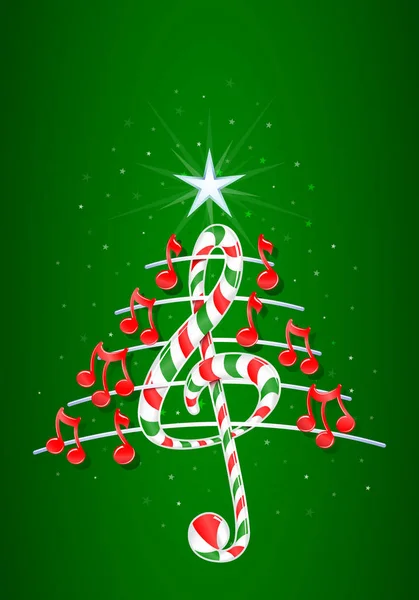 Árbol de Navidad hecho de notas musicales rojas, barra de caramelo en forma de triple clave y pentagrama sobre fondo verde con estrellas - Imagen vectorial — Vector de stock