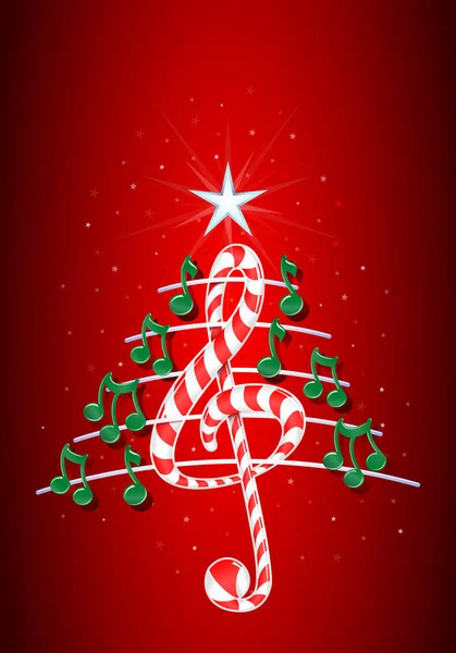 Árbol de Navidad hecho de notas musicales verdes, barra de caramelo en forma de triple clave y pentagrama sobre fondo rojo con estrellas - Imagen vectorial — Vector de stock