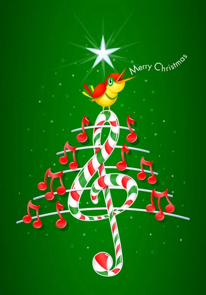 Albero di Natale fatto di note musicali rosse, chiave di violino a forma di barretta di caramella e pentagramma con canto giallo degli uccelli e titolo: BUON NATALE su sfondo verde con stelle - Immagine vettoriale — Vettoriale Stock