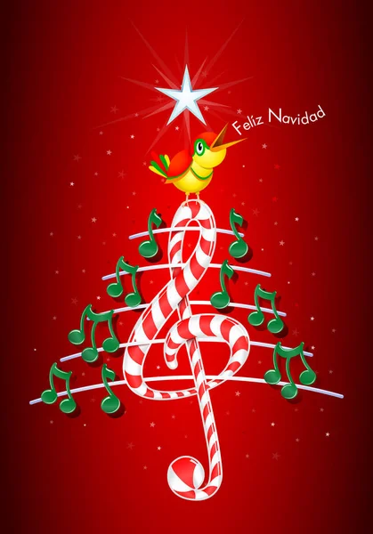 Árbol de Navidad hecho de notas musicales verdes, barra de caramelo en forma de triple clave y pentagrama con canto de pájaro amarillo y título: FELIZ NAVIDAD-NAVIDAD NAVIDAD-MERRY NAVIDAD en español sobre fondo rojo con estrellas - Imagen vectorial — Vector de stock