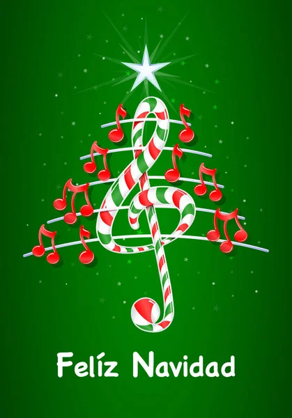 Árbol de Navidad hecho de notas musicales rojas, barra de caramelo en forma de triplete y pentagrama con título: FELIZ NAVIDAD-NAVIDAD NAVIDAD EN ESPAÑO- sobre fondo verde con estrellas - Imagen vectorial — Vector de stock