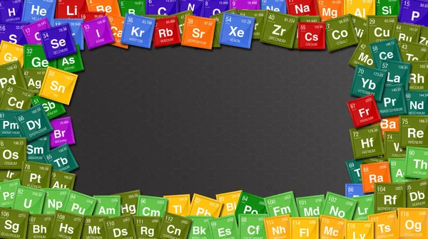 Moldura colorida feita com símbolos da Tabela Periódica dos Elementos com os 4 novos elementos: Nihonium, Moscovium, Tennessine, Oganesson. Incluído em 28 de novembro de 2016 pela União Internacional de Química Pura e Aplicada — Fotografia de Stock