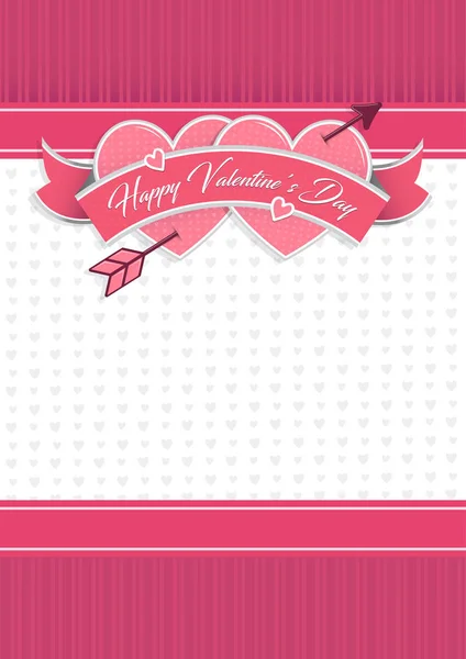 Kartencover mit Botschaft: fröhlicher Valentinstag auf zwei Herzen umgeben von rosa Schleife auf weißem Hintergrund mit kleinen Herzen - Vektorbild — Stockvektor
