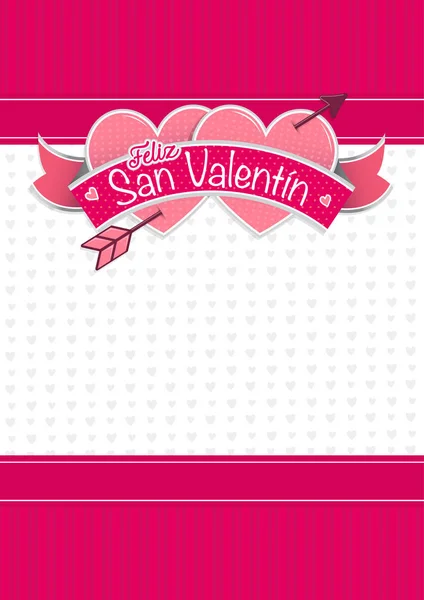 Capa de cartão com mensagem: Feliz San Valentin Feliz Dia dos Namorados em língua Espanhola- em dois corações juntos cercados com fita vermelha em um fundo branco com pequenos corações - Imagem vetorial — Vetor de Stock