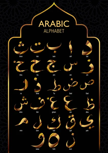 Set Gold Arabic Alphabet pada latar belakang hitam - gambar Vektor - Stok Vektor