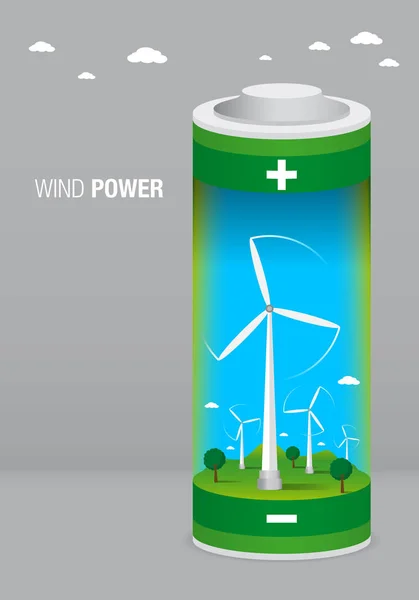 Landschap met windpark binnen een batterij op grijze achtergrond - hernieuwbare energie - Vector image — Stockvector