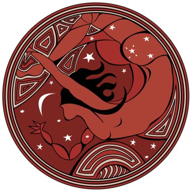 Kırmızı renk - vektör görüntü gece uçan bir kadın silueti ile dairesel logo