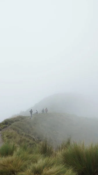 Group of people looking backwards walking towards the summit of the Rucu Pichincha volcano on a cloudy day, near the city of Quito. With copy space