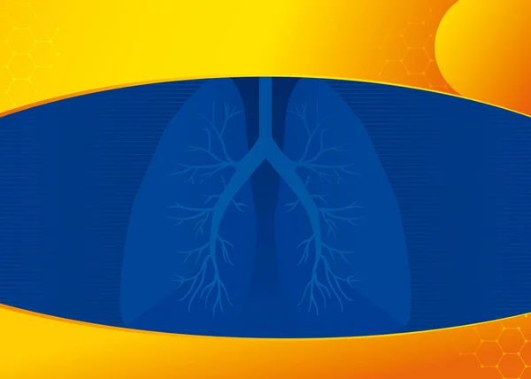 Latar belakang biru dengan gambar paru-paru di tengah dengan pita kuning naik dan turun dengan ruang fotokopi. Ukuran 430 mm x 307 mm - gambar Vektor - Stok Vektor