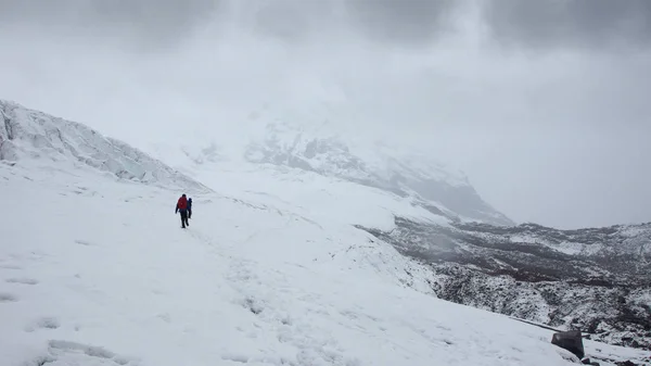 Hombres caminando sobre el glaciar del volcán Antisana en un día nublado en la Reserva Ecológica Antisana - Ecuador — Foto de Stock