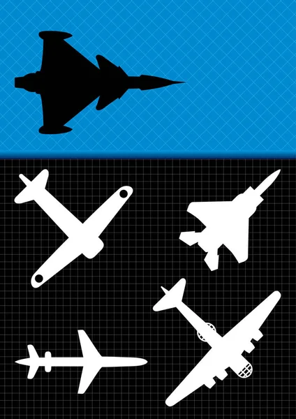 Σιλουέτες των διαφορετικών τύπων στρατιωτικών αεροσκαφών σε μαύρο φόντο - εικόνα διάνυσμα — Διανυσματικό Αρχείο