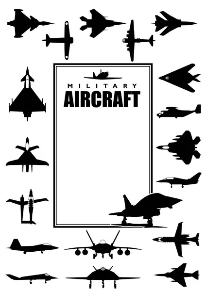 De cover van het boek met silhouetten van verschillende soorten militaire vliegtuigen op witte achtergrond. Formaat A4 - Vector image — Stockvector
