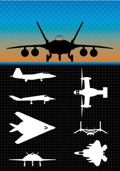 Silhouetten van verschillende soorten militaire vliegtuigen op zwarte achtergrond - Vector image — Stockvector