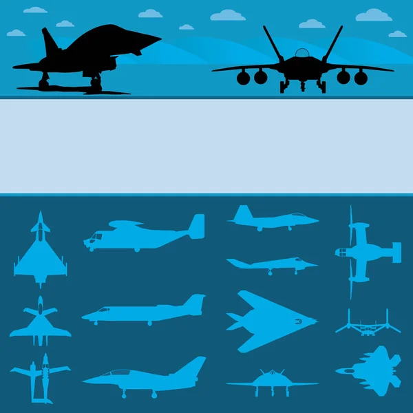 Silhouetten van verschillende soorten militaire vliegtuigen op blauwe achtergrond - Vector image — Stockvector