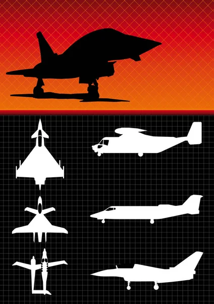 Silhouetten van verschillende soorten militaire vliegtuigen op zwarte achtergrond - Vector image — Stockvector