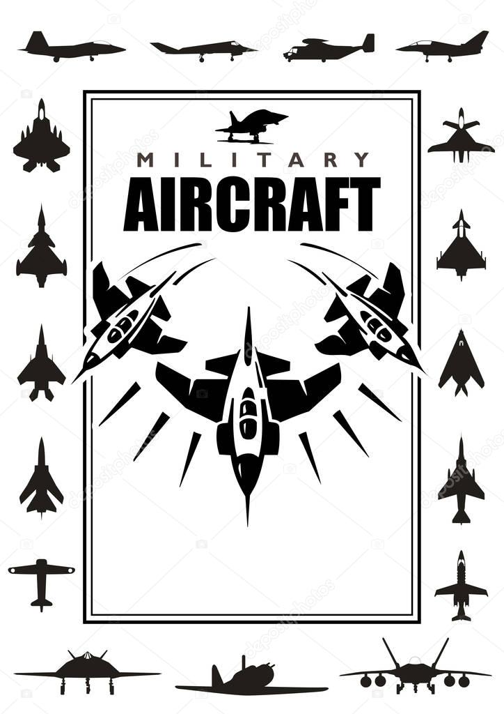 Book cover with silhouettes of different types of military aircraft on white background. Size A4 - Vector image