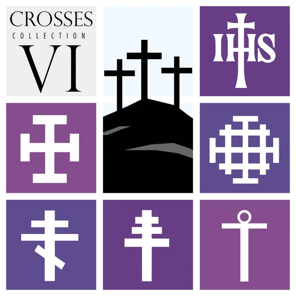 Ensemble de différents types de croix sur fond violet Image vectorielle — Image vectorielle