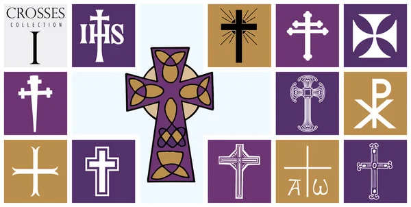 Ensemble de différents types de croix sur fond violet Image vectorielle — Image vectorielle