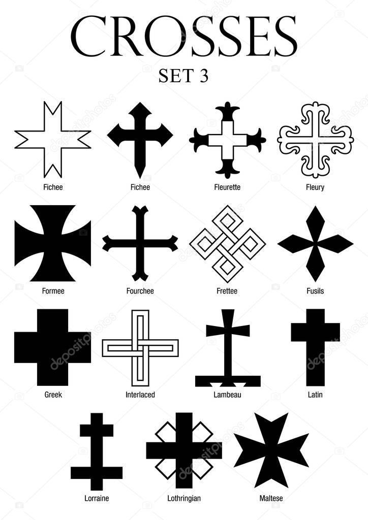 Set of crosses with names on white background. Size A4 - Vector image