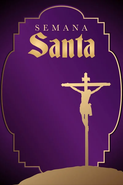 Semana Santa - Szent hét, a spanyol nyelv - Krisztus keresztre feszítése, lila háttér Silhouette - vektor kép — Stock Vector