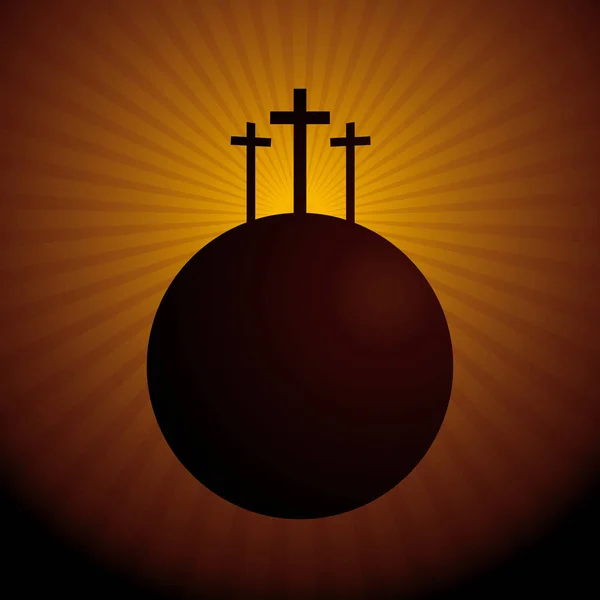 Weltsilhouette mit den drei Kreuzen oben, die die Kreuzigung Christi symbolisieren - Vektorbild — Stockvektor