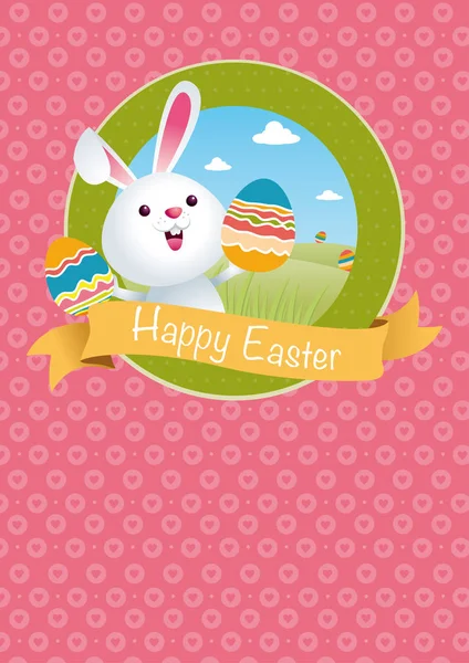 HAPPY EASTER logo with rabbit holding painted eggs in his hands with green mountains and blue sky with clouds background inside a green circle on pink hearts background - Vector image — Stock Vector