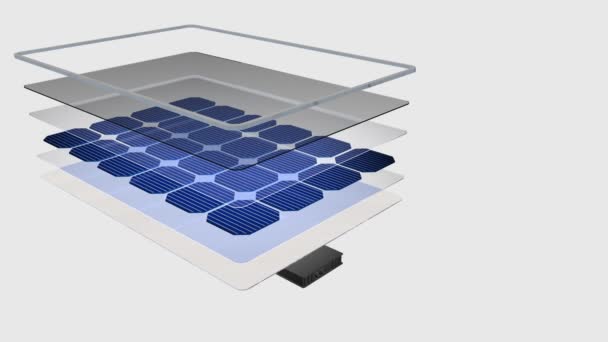 Animación 3D muestra cómo un panel solar se divide en sus partes, los nombres de cada parte aparecen, luego las partes del panel solar se vuelven a unir sobre un fondo blanco - Energía renovable — Vídeos de Stock