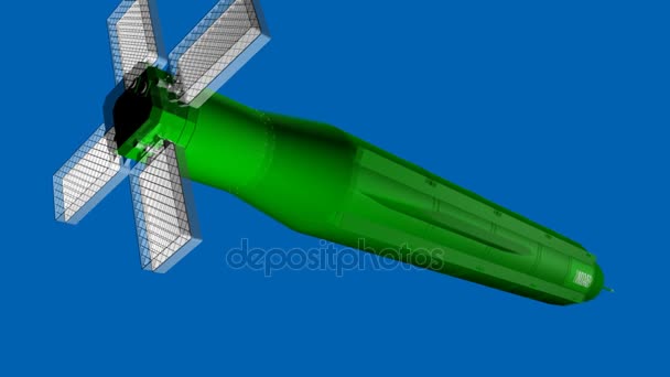 3D-Animation der gewaltigen Kampfmittelexplosion - Moab - Bombe im Flug auf blauem Hintergrund. Alphakanal inklusive — Stockvideo