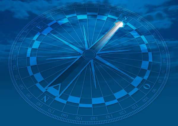 Transparent blue compass with white arrow indicating south direction on blue background — Stock Photo, Image