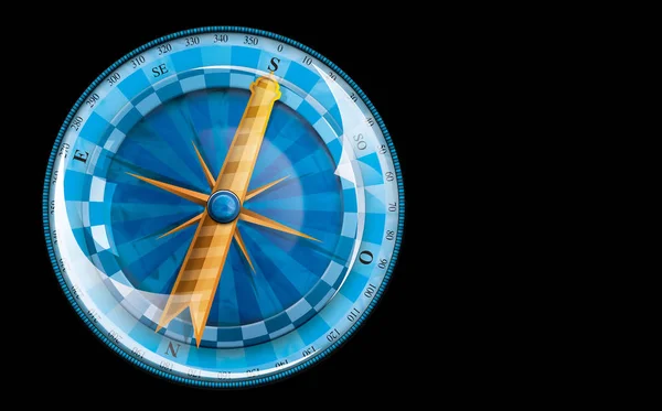 Blue compass with yellow arrow heading south on black background with saved selection — Stock Photo, Image