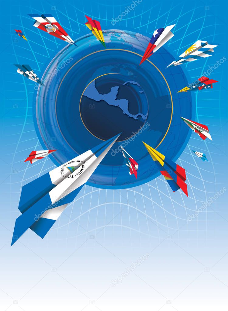 Illustration of painted paper airplanes with flags of different Latin American countries flying towards the map of Central America on blue background