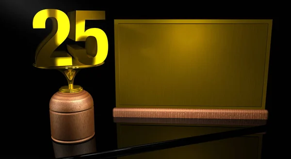 与 25 号黄金和金板的空间在黑色背景中的镜子表上写的木制奖杯。纪念奖杯数 25 为庆祝周年纪念日或重要日期 — 图库照片