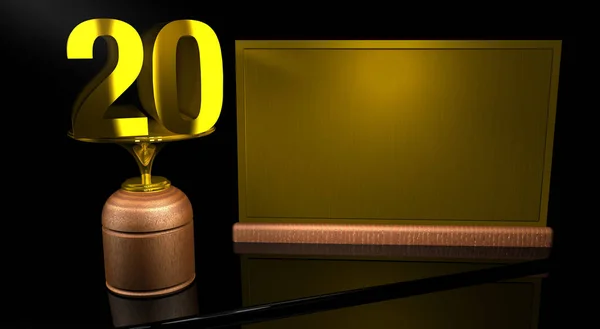 Renderização 3D Troféu de madeira com o número 20 em ouro e placa dourada com espaço para escrever na mesa de espelhos em fundo preto. Troféu comemorativo número 20 para celebrar aniversários ou datas importantes — Fotografia de Stock