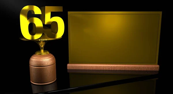 Renderowania 3d drewniane trofeum z numer 65 w złoty i Złoty Talerz z miejsca do zapisu na stół Lustro w czarnym tle. Pamiątkowe trofeum numer 65 na obchody rocznic lub ważne daty — Zdjęcie stockowe