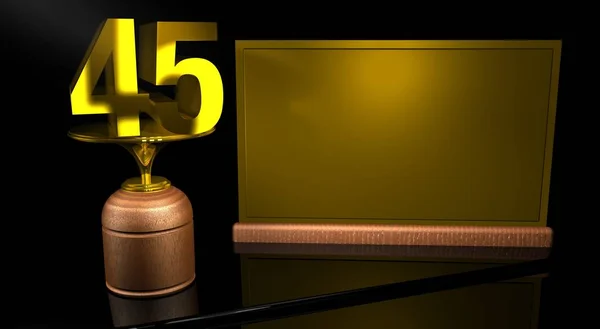 在黄金和金板与空间上写上镜子表在黑色背景中呈现 3d 木制奖杯与 45 号。纪念奖杯数 45 为庆祝周年纪念日或重要日期 — 图库照片