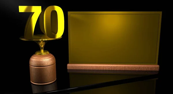 Trofeo Rendering 3D in legno con numero 70 in oro e placca dorata con spazio per scrivere su specchiera su sfondo nero. Trofeo Commemorativo numero 70 per celebrare anniversari o date importanti — Foto Stock