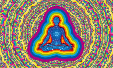 7 renk renkli mandala arka plan ile aura ile lotus çiçek pozisyonda yoga yaparken içinde yıldızlı gece adamla silüeti