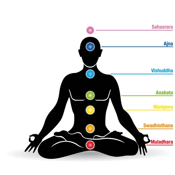 Silueta negra del hombre haciendo yoga en posición de flor de loto con nombres de chakras - Imagen vectorial — Vector de stock